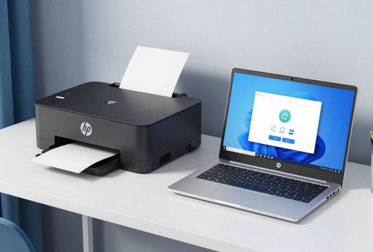 HP printer not working troubleshooting guide showing printer with warning icon connected to a Windows laptop.